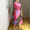 spring geometric color matching A-line dress mid-length Miyak pleated long-sleeved loose plus size women's dresses