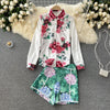 suit in spring and summer with design feeling printed long sleeve shirt and two-piece set of High Waist Wide Leg shorts
