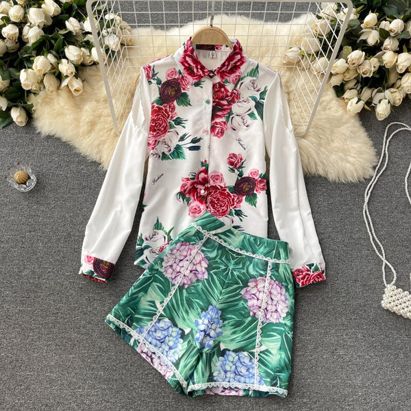 suit in spring and summer with design feeling printed long sleeve shirt and two-piece set of High Waist Wide Leg shorts