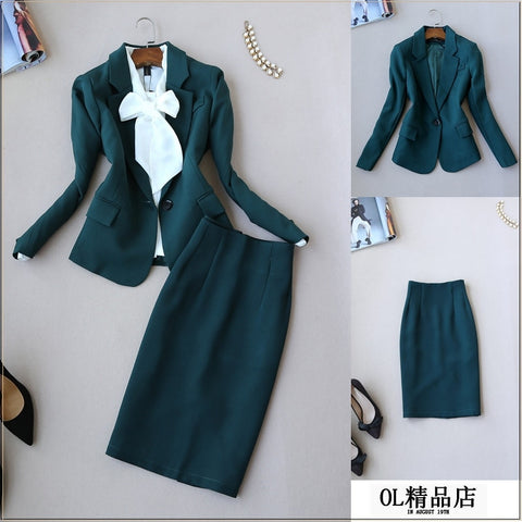 suits women clothes autumn egelant office lady blazer and formal wear two piece skirt set uniform green