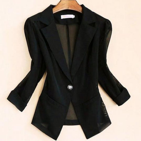 summer Fashion Office Lady Women Blazers Black Sexy Slim Mesh Stitching three-quarter Sleeve  small Suit