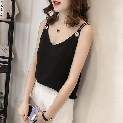 summer chiffon women blouse shirt new 2022 fashion sleeveless sexy strap women's tops solid V neck plus size clothing