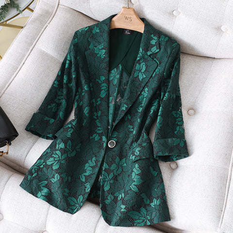 summer coat lace suit coat women's green medium sleeve thin Korean hollow out casual suit Flower Top suit blazer  green jacket