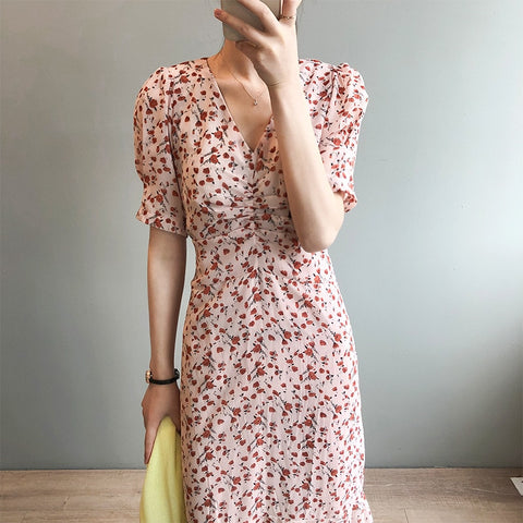 summer elegant chiffon floral Dress female short sleeve long dress 0791#