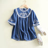 summer embroidery denim blouse women jeans blouse short sleeve blue casual loose top floral soft shirt cotton peplum blouse