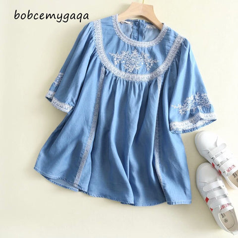summer embroidery denim blouse women jeans blouse short sleeve blue casual loose top floral soft shirt cotton peplum blouse