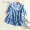 summer embroidery denim blouse women jeans blouse short sleeve blue casual loose top floral soft shirt cotton peplum blouse