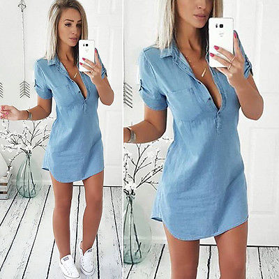 summer women denim dresses short sleeves Slim V-neck Sexy Casual Office Jeans Dress Vestidos Robe Party 2017 Dresses