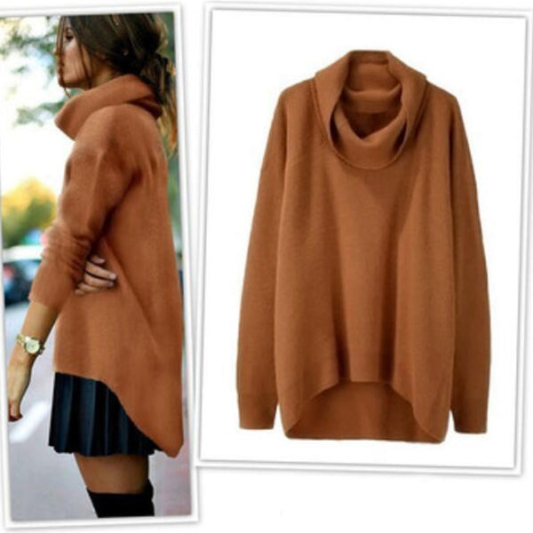 turtleneck Women Sweater elegant Solid High Collar Irregular Hem Long Sleeve Pullover Loose Thick knitted Soft Brief Sweaters