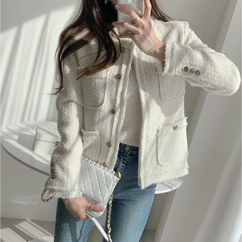 vintage slim women blazer long sleeve o neck tweed suit coat women short jacket wool outwear white dark gray autumn F904