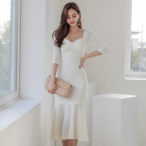 white maxi fomal Dress one piece korean ladies  autumn winter long Sleeve cabaret party bodycon Dresses for women