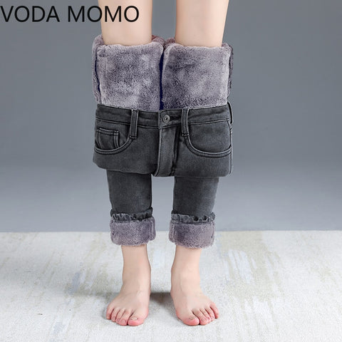 winter thick warm Jeans for Women mom Jeans blue gray black Woman High Elastic plus size Jeans female denim skinny pencil pants