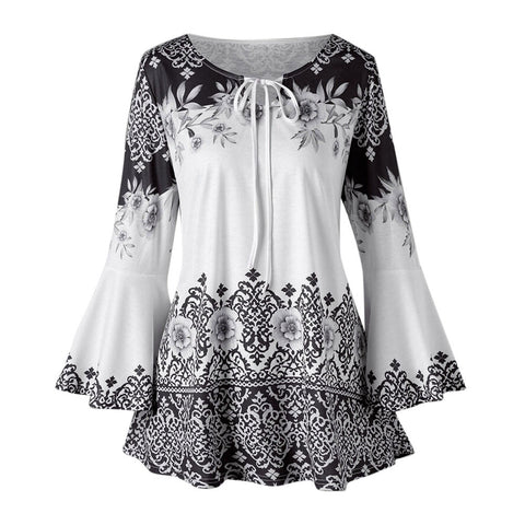 woman plus size blouses and shirts 2022 Autumn Floral Printed Flare Sleeve Top Keyhole Long Sleeve Shirts Blusas Feminina Camisa