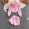 woman sets long sleeve sweatshirts women hooded crop tops+high waist shorts drawstring elastic two pieces