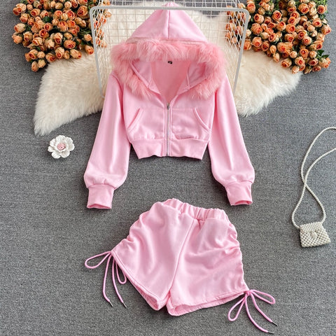 woman sets long sleeve sweatshirts women hooded crop tops+high waist shorts drawstring elastic two pieces