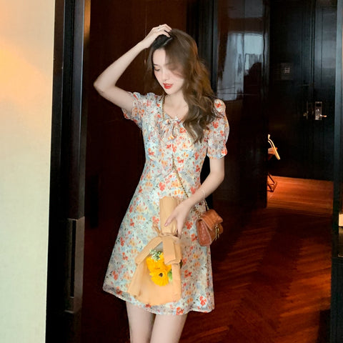 women 2022 summer French style chiffon dress  korean style midi dresses 1730#