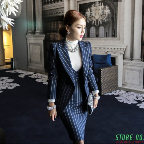 women's suits office  autumn winter Striped business 2 piece suit skirt top women's suit with a skirt blazer set ladies