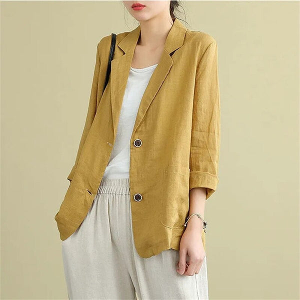 women Solid Cotton And Linen Suits Jacket Spring And Autumn 2023 Summer Thin Three-Quarter Sleeve Sunscreen Blazer