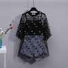 women Summer korean two piece set for women streetwear vest and see through mesh top and denim shorts set for women outfits 2022