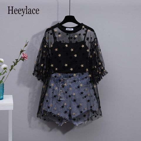 women Summer korean two piece set for women streetwear vest and see through mesh top and denim shorts set for women outfits 2022