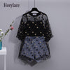 women Summer korean two piece set for women streetwear vest and see through mesh top and denim shorts set for women outfits 2022