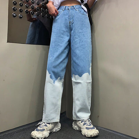 women Wash Splice Casual Straight Jeans Trousers Korea Japan Style Vintage Streetwear Hip Hop Denim Pant women KZ565