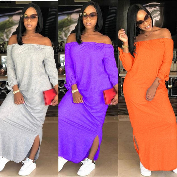women off shoulder slash neck split side slim long maxi dress vestidos CX009