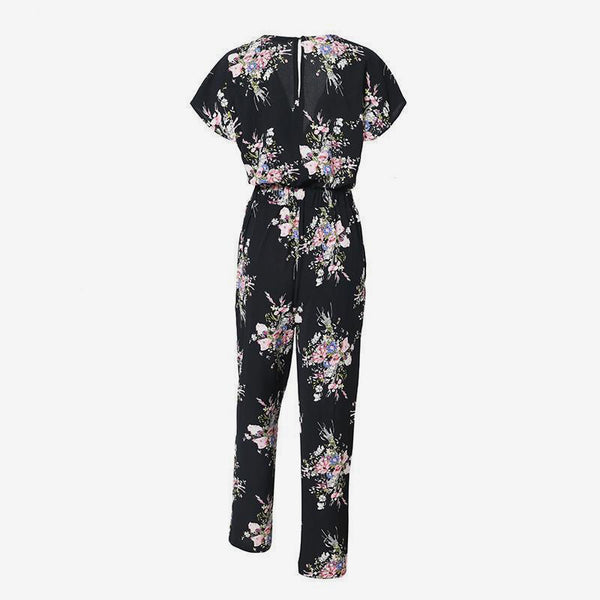 women's Floral Print V-Neck Casual jumpsuits Bow Tie Pocket loose Rompers Woman Short Sleeve 2022 Summer Bohemian Jumpsuit