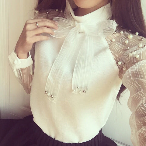 women's blouse Lace-up Sexy See Through White Long Sleeve Slim Bow Tie Shirt Top Blouse womens tops and blouses blusa de mujer