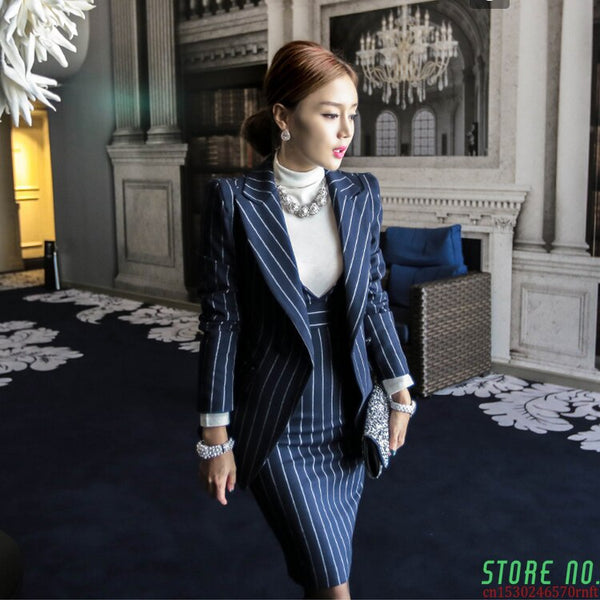 women's suits office  autumn winter Striped business 2 piece suit skirt top women's suit with a skirt blazer set ladies