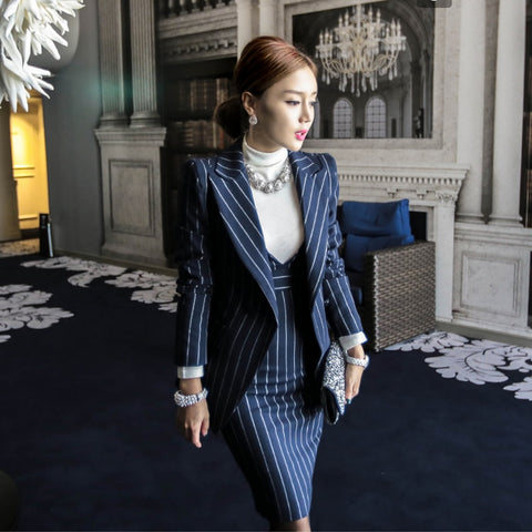 women's suits office  autumn winter Striped business 2 piece suit skirt top women's suit with a skirt blazer set ladies