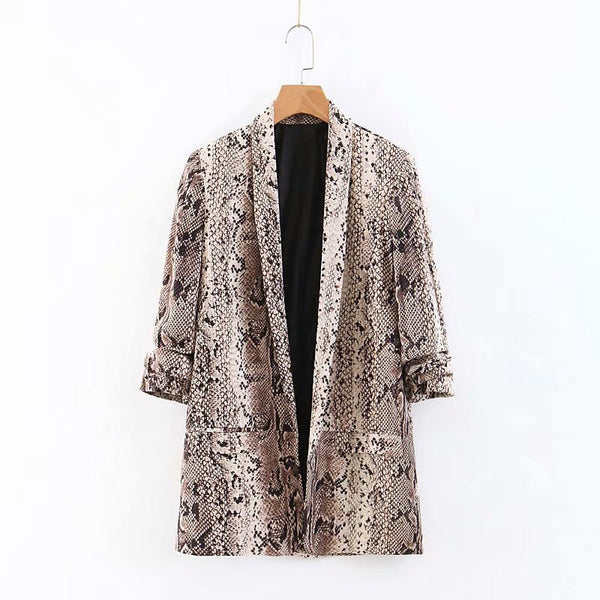 women vintage snake skin print roll up sleeve blazer outwear suit jacket office lady streetwear autumn business coat tops CT160
