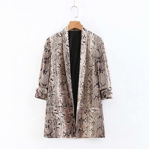 women vintage snake skin print roll up sleeve blazer outwear suit jacket office lady streetwear autumn business coat tops CT160
