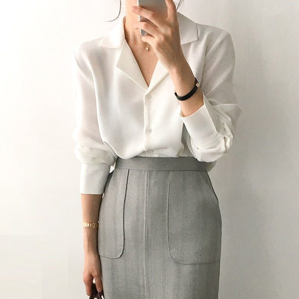 womens tops and blouses solid white chiffon blouse office shirt blusas mujer de moda 2023 long sleeve women shirts clothes