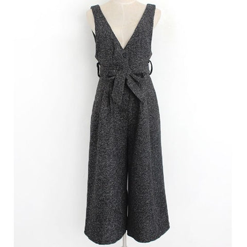 wool Jumpsuits V collar Thicker Straps wide leg pants High waist bandage Nine points pants pantaloni donna jumpsuit wide leg