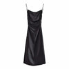 xikom 2022 Summer Elegant Women Vintage Satin Folds Black V-Neck Dress Female Slim Backless Casual long Dresses